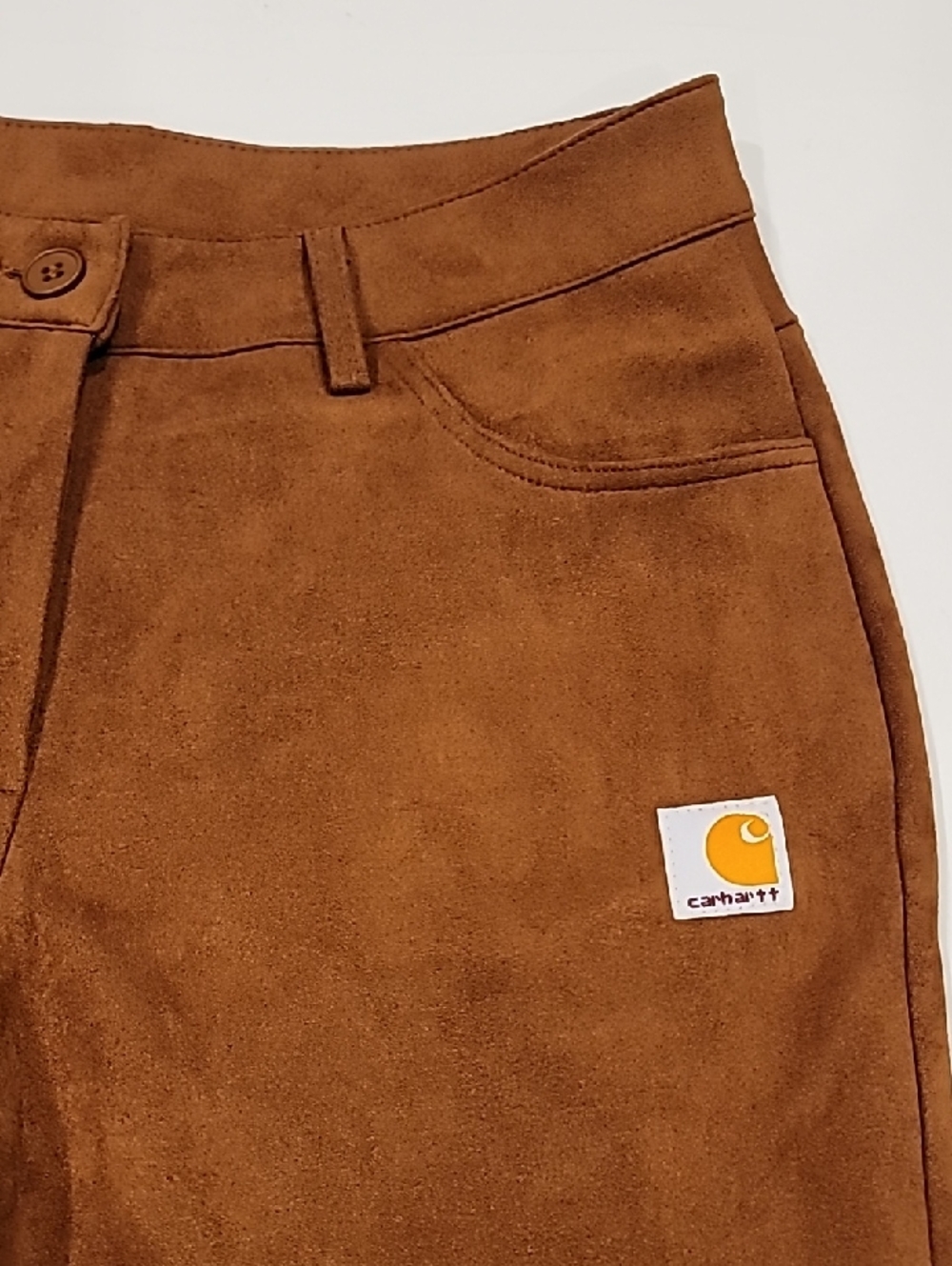 Carhartt Burnt Orange Faux Suede Flare Jeans Patch Logo Detail Small - Picture 6 of 12